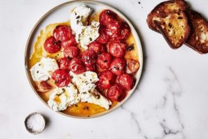 roasted cherry tomato caprese with extra virgin olive oil