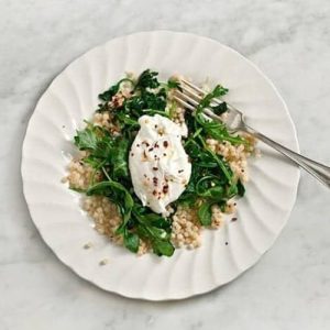 Sauteed Escarole With Toasted Pearl Couscous And Poached Eggs